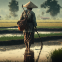 Image of Farmer in Rice Paddy rendered by Midjourney