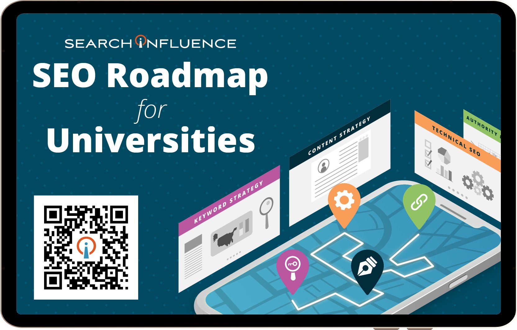  Illustration of a roadmap on a smartphone screen with signposts such as "Keyword Strategy" and "Technical SEO" to depict an SEO Roadmap